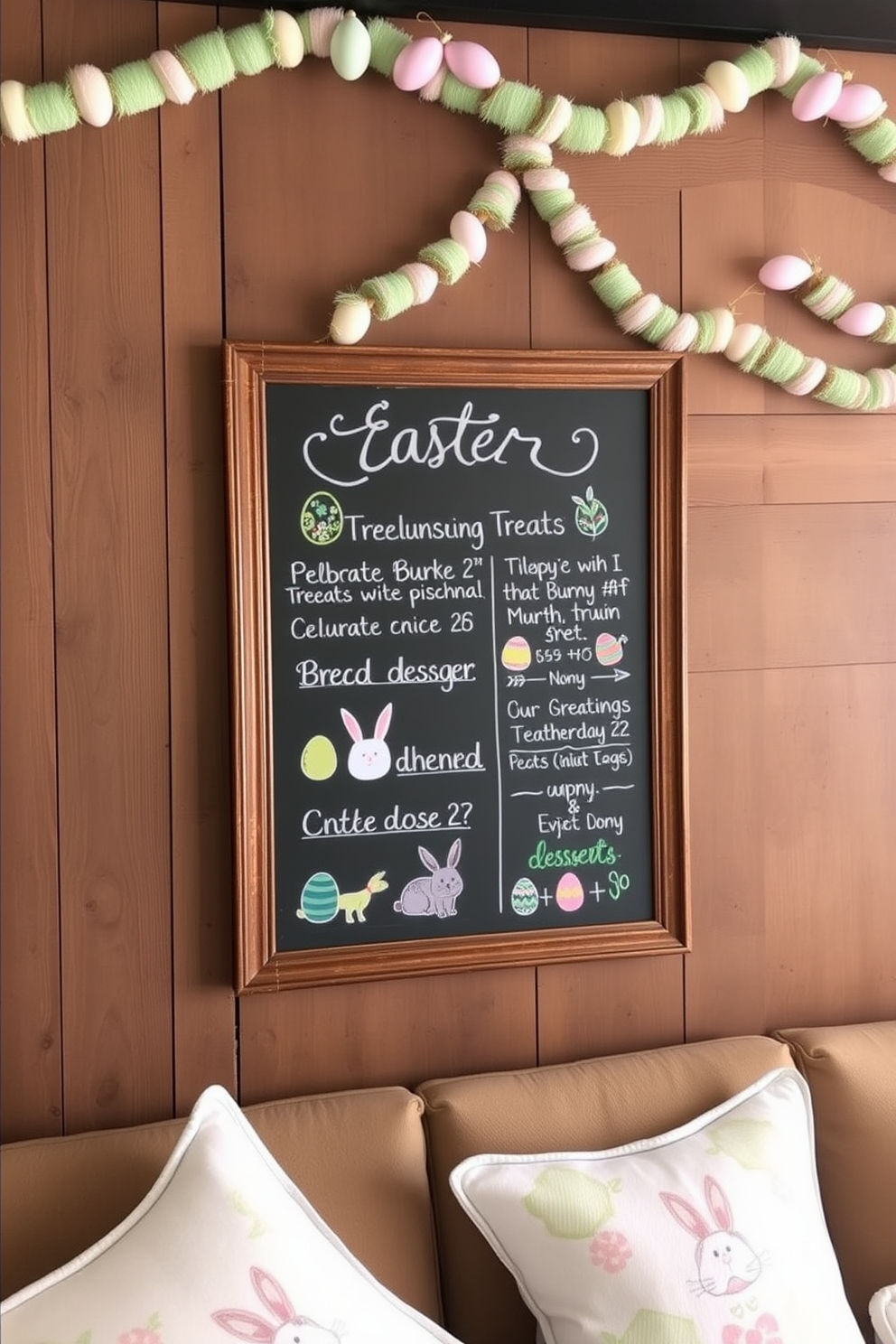 A chalkboard menu displays an array of delightful Easter treats featuring colorful hand-drawn illustrations of bunnies and eggs. The menu is elegantly framed and set against a rustic wooden backdrop, inviting guests to indulge in festive desserts. The home theater is adorned with Easter decorations, including pastel-colored garlands and themed cushions on the seating. Soft lighting creates a cozy atmosphere, perfect for enjoying family movie nights during the holiday season.