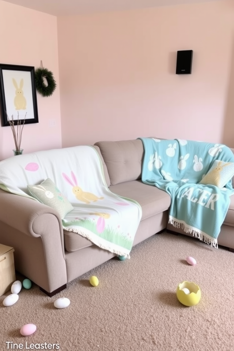 A cozy home theater setting adorned with Easter themed throw blankets draped over a plush sectional sofa. The walls are painted in a soft pastel hue, and decorative Easter eggs are scattered around the room for a festive touch.