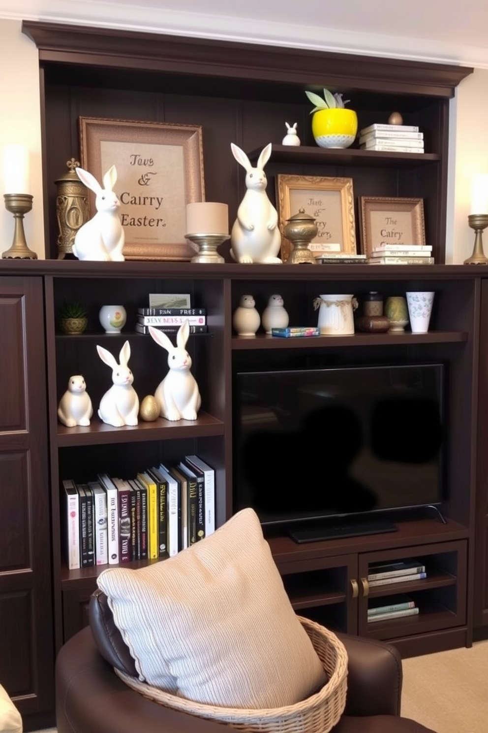 A cozy home theater setting with media shelves adorned with charming bunny figurines. The shelves are filled with an assortment of decorative items and books, creating a warm and inviting atmosphere for Easter celebrations.