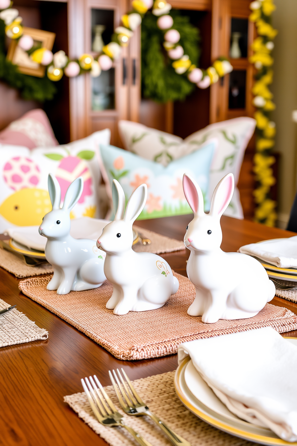 Cute bunny napkin holders for dining. These charming holders feature playful bunny shapes made from ceramic with pastel-colored finishes. Home Theater Easter Decorating Ideas. Incorporate festive elements like colorful garlands and themed cushions to create a cozy and inviting atmosphere.