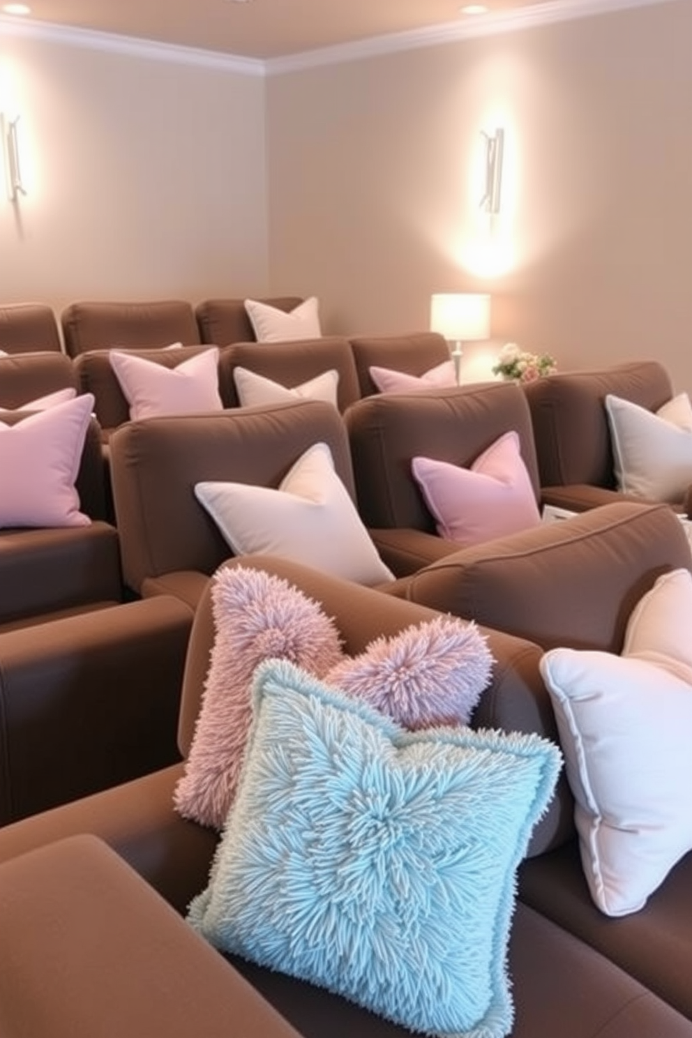 A cozy home theater with plush seating arranged for optimal viewing. The space is adorned with pastel colored throw pillows that enhance the comfort and aesthetic appeal. Easter decorations are tastefully integrated into the design, featuring subtle floral accents and themed decor. Soft lighting creates a warm ambiance, perfect for movie nights and gatherings.