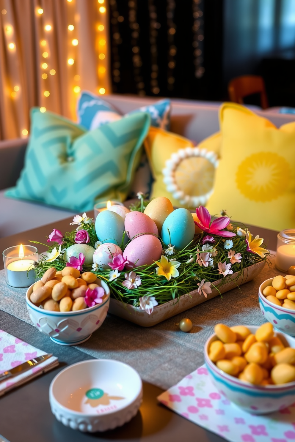 Easter egg centerpieces on tables create a vibrant and festive atmosphere. Imagine beautifully arranged pastel-colored eggs nestled in a bed of fresh greenery, surrounded by delicate flowers and soft candlelight. Home theater Easter decorating ideas transform your entertainment space into a seasonal retreat. Picture plush seating adorned with colorful throw pillows, and a display of themed snacks in decorative bowls, all set against a backdrop of twinkling fairy lights.