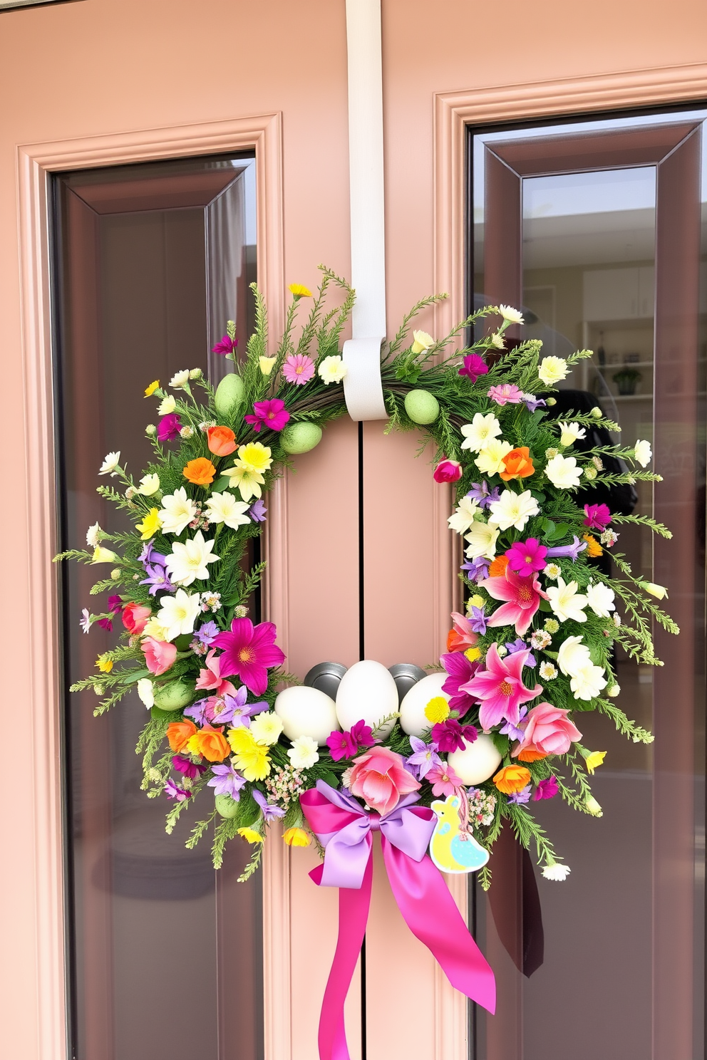 A vibrant spring wreath adorns the grand theater door, showcasing an array of colorful flowers and greenery. The wreath adds a festive touch, inviting guests to enjoy a cozy movie night filled with Easter-themed decorations.