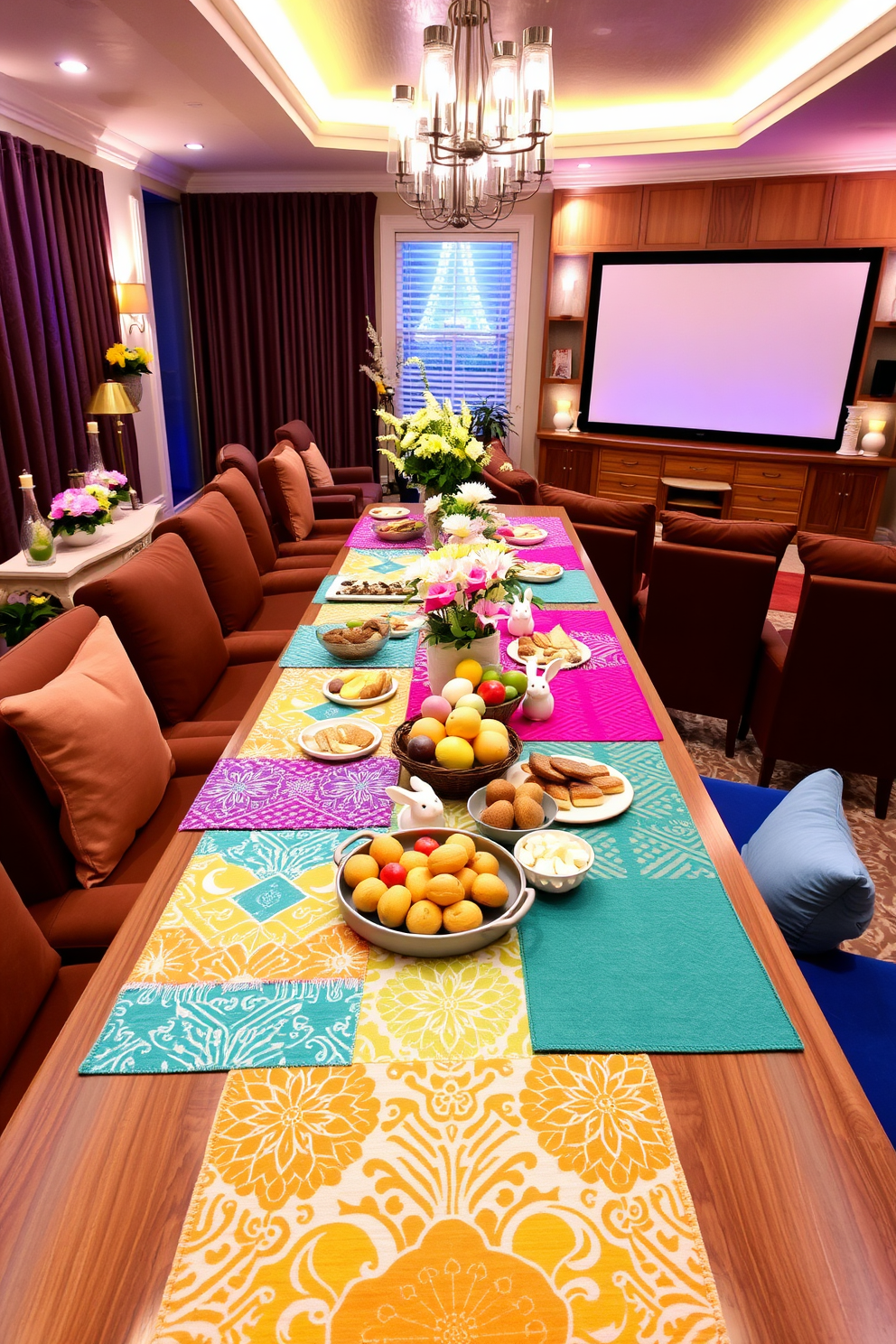 A vibrant array of colorful table runners is displayed on a long dining table, each runner featuring unique patterns and textures that complement a variety of snacks. The table is adorned with an assortment of delicious treats, including fruits, cheeses, and pastries, inviting guests to indulge. The home theater is designed with plush seating in rich, deep colors, providing comfort for movie nights. Soft ambient lighting enhances the cozy atmosphere, while a large screen dominates one wall, creating an immersive viewing experience. Easter decorating ideas fill the room with cheerful pastel colors and playful decorations. Adorned with floral arrangements, egg-themed centerpieces, and whimsical bunny accents, the space radiates festive charm and warmth.