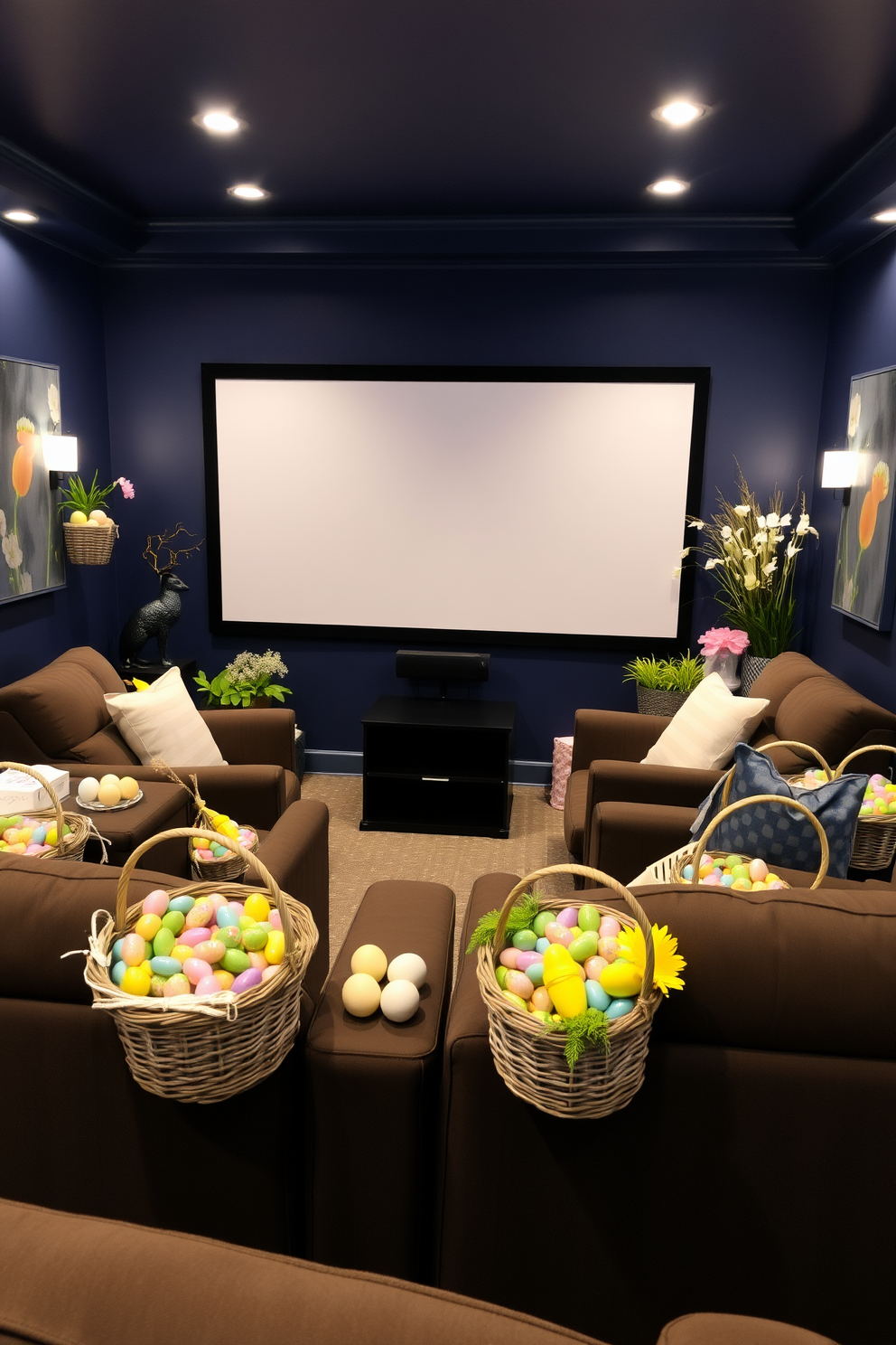 A cozy home theater setting adorned with decorative baskets filled with an assortment of colorful candy. The walls are painted in a deep navy blue, and plush seating is arranged in a semi-circle facing a large screen. Easter decorations bring a festive touch with pastel-colored eggs and spring flowers placed strategically around the room. Soft, ambient lighting enhances the inviting atmosphere, creating a perfect space for family movie nights.