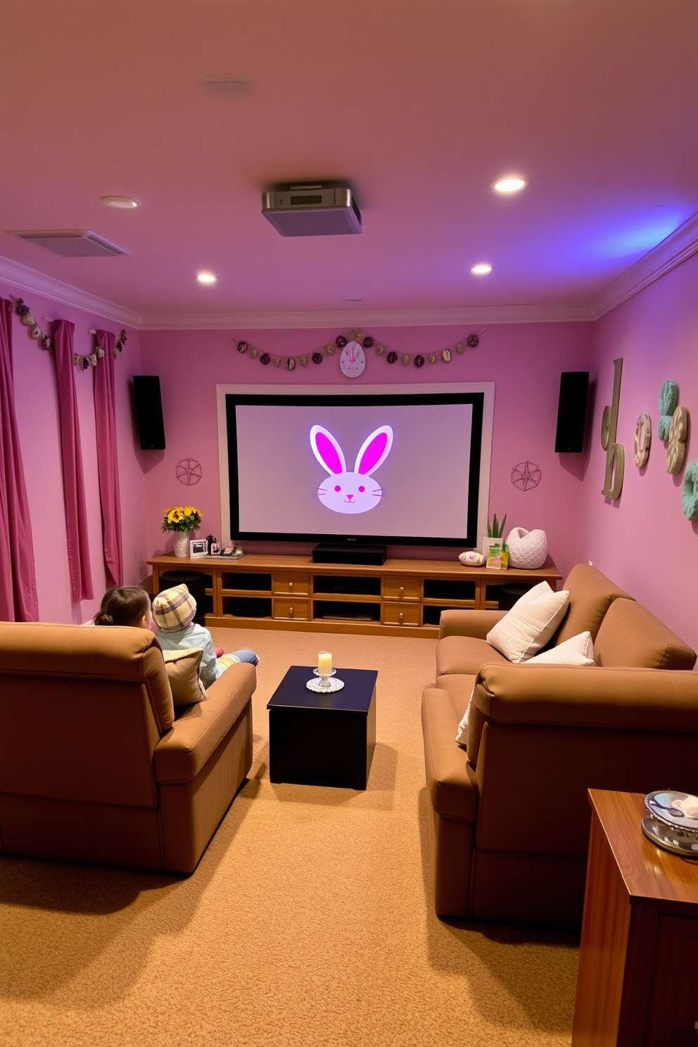 A cozy home theater setting designed for an Easter movie night. The walls are adorned with pastel-colored decorations, including bunny and egg motifs, creating a festive atmosphere. A large screen is set up with plush seating arranged in a semi-circle. Soft lighting fixtures provide a warm glow, enhancing the inviting ambiance for family and friends.