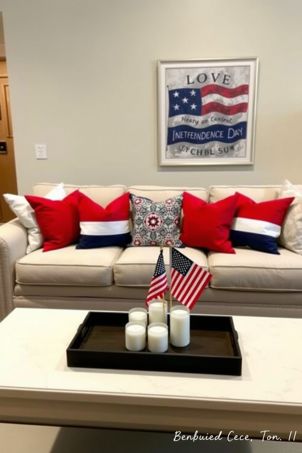 A cozy living room adorned with red white and blue throw pillows that celebrate Independence Day. The pillows are arranged on a neutral colored sofa, creating a festive yet inviting atmosphere. In the background, a patriotic-themed artwork hangs on the wall, complementing the vibrant colors of the pillows. A small coffee table in front of the sofa is topped with a decorative tray featuring candles and a small American flag.