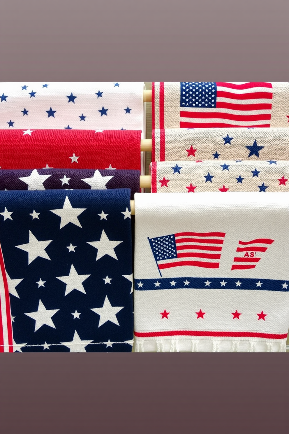 A collection of kitchen towels featuring patriotic designs in red white and blue colors. Each towel showcases stars and stripes patterns perfect for celebrating Independence Day.