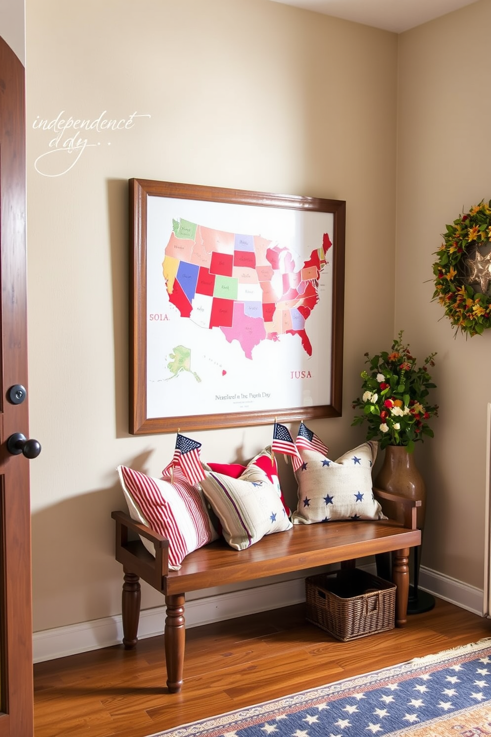 A striking USA map art piece is prominently displayed in the entryway, capturing attention with its vibrant colors and intricate details. The artwork is framed in a rustic wooden frame that complements the warm tones of the surrounding decor. To celebrate Independence Day, the entryway is adorned with subtle patriotic accents, such as red, white, and blue throw pillows on a nearby bench. A tasteful arrangement of small flags and seasonal flowers adds a festive touch, welcoming guests with a sense of pride and celebration.