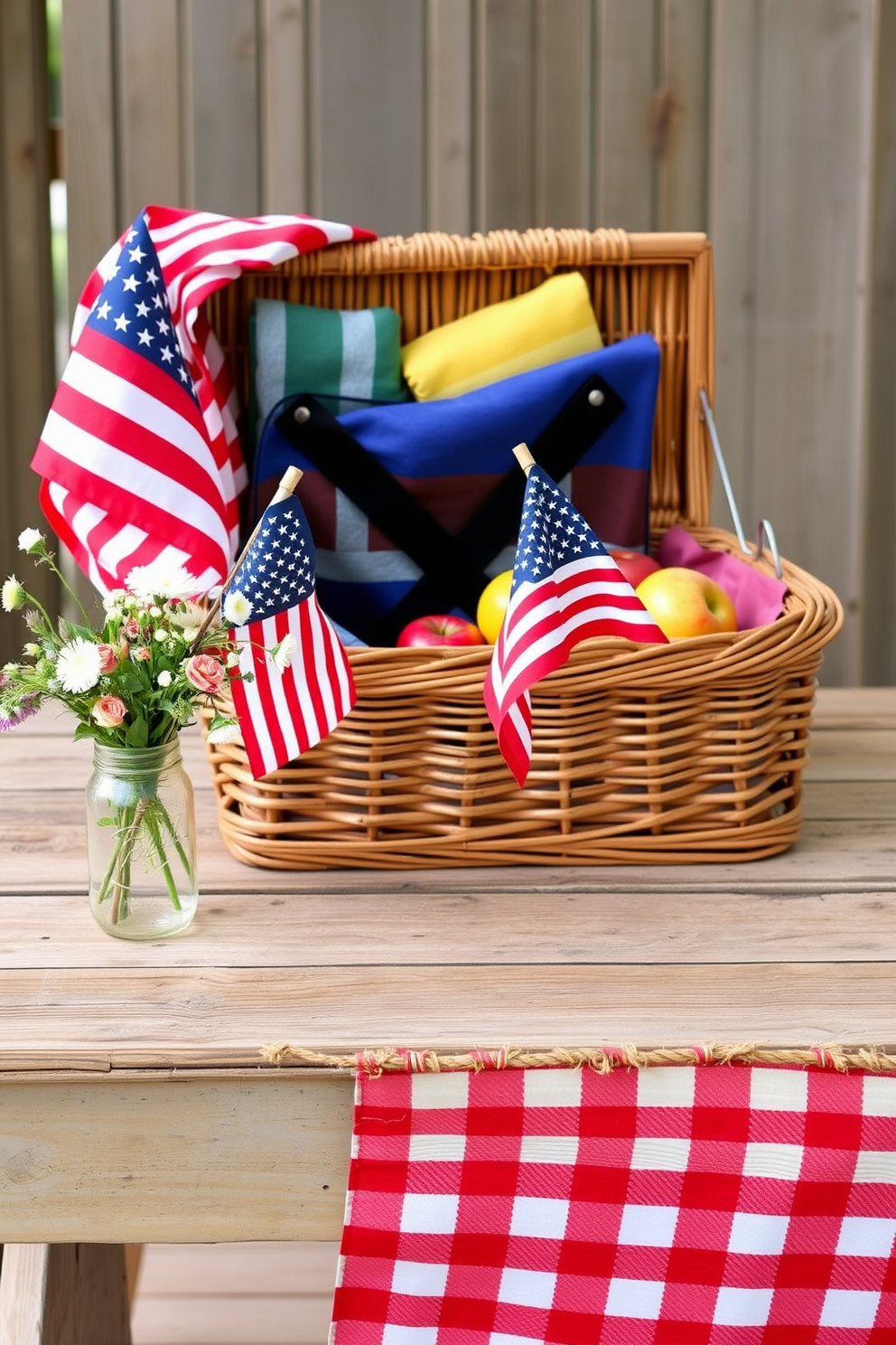 A vintage picnic basket is placed on a rustic wooden table, adorned with a red and white checkered tablecloth. Nearby, a small American flag is nestled among fresh wildflowers in a mason jar, adding a festive touch to the decor. The picnic basket is filled with colorful blankets and seasonal fruits, evoking a sense of nostalgia and celebration. This charming setup creates a warm and inviting atmosphere perfect for an Independence Day gathering.