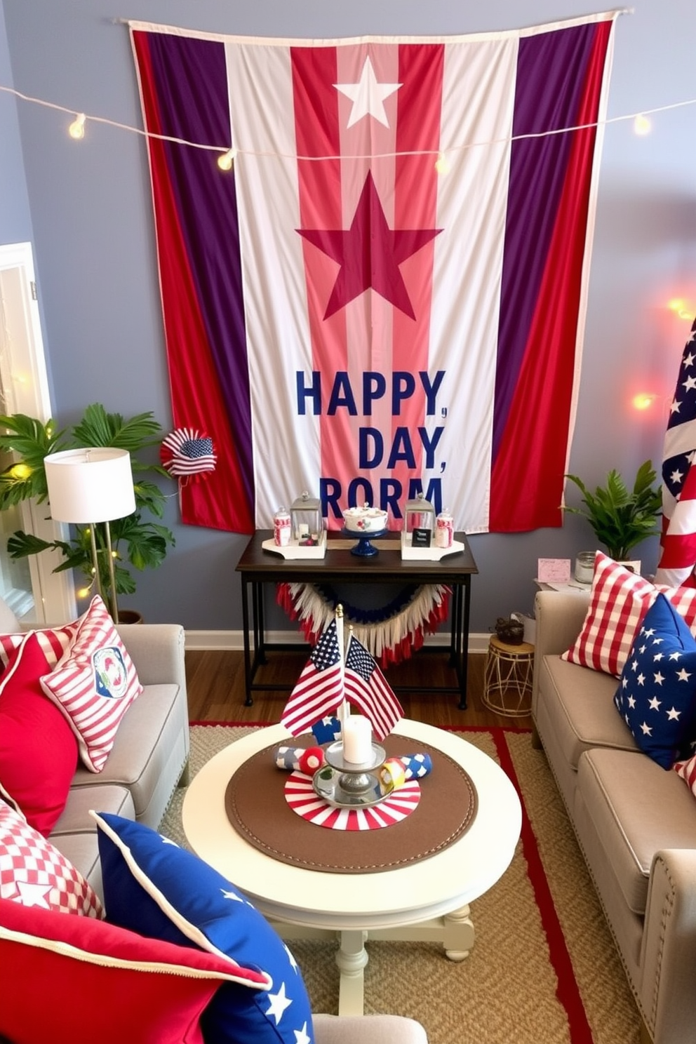 A vibrant living room setting celebrating Independence Day. The walls are adorned with a large star spangled banner, while red white and blue accents decorate the furniture and throw pillows. In the corner, a festive table is set with themed decorations and a small American flag centerpiece. A cozy seating area invites guests to enjoy the holiday spirit, complete with string lights adding a warm glow.