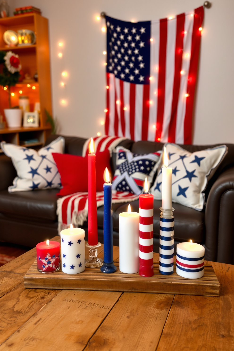 Independence Day themed candles arranged on a rustic wooden table. The candles are in red white and blue colors with star and stripe patterns creating a festive atmosphere. Independence Day apartment decorating ideas featuring a cozy living room adorned with patriotic throw pillows and a large American flag draped over the sofa. String lights in red white and blue illuminate the space adding a warm and inviting glow.