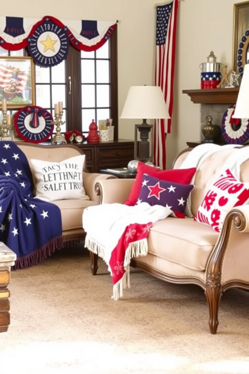 Create a cozy living room setting featuring festive throw blankets draped over elegant sofas. The room is adorned with patriotic decorations, including red, white, and blue accents that celebrate Independence Day.