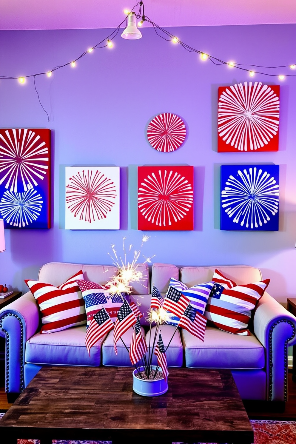 A vibrant and festive living room setting celebrating Independence Day. The walls are adorned with DIY firework art canvases in red, white, and blue, creating a lively atmosphere. A cozy sofa is accented with patriotic throw pillows, while a coffee table displays a centerpiece of small American flags and sparklers. Fairy lights hang above, adding a warm glow to the space and enhancing the celebratory mood.