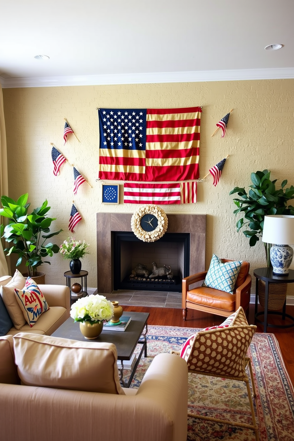 A charming living room adorned with vintage flag wall art that celebrates Independence Day. The display features an array of flags in various sizes, elegantly arranged on a textured wall, creating a festive yet sophisticated atmosphere.