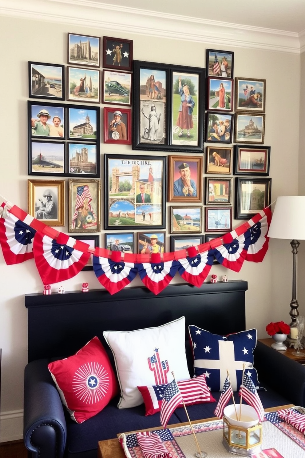 A charming gallery wall features a collection of vintage postcards celebrating various scenes from the past. The postcards are arranged in an eclectic mix of frames, creating a vibrant and nostalgic atmosphere. For Independence Day, the apartment is adorned with red, white, and blue decorations. Banners, cushions, and table settings reflect the festive spirit, enhancing the overall patriotic theme.