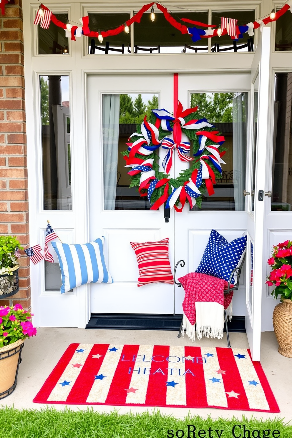 A patriotic themed door mat welcomes guests with vibrant red white and blue colors featuring stars and stripes. The mat is placed in front of a stylish entryway adorned with festive decorations such as miniature flags and a wreath made of patriotic ribbons. Independence Day apartment decorating ideas include hanging string lights in red white and blue across the balcony or patio. Add cushions and throws in similar colors to the outdoor seating area for a cheerful and festive atmosphere.