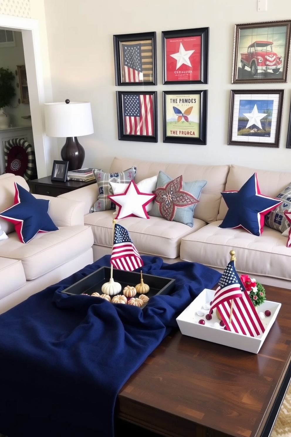 Create a cozy living room setting that celebrates Independence Day. Incorporate star-shaped decorative pillows in red, white, and blue on a plush sofa, adding a festive touch to the space. Arrange a coffee table adorned with a small American flag and seasonal decor. Use a backdrop of patriotic-themed artwork on the walls to enhance the holiday spirit.