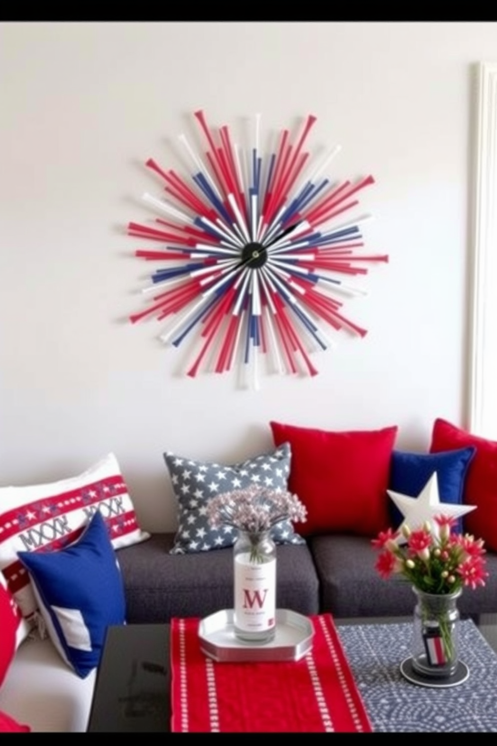 A vibrant wall clock features a star-spangled design in red white and blue. The clock hands are shaped like fireworks adding a festive touch to the room. For Independence Day apartment decorating ideas incorporate patriotic colors and themed decor throughout the space. Use red white and blue throw pillows and table runners to create a cohesive festive atmosphere.