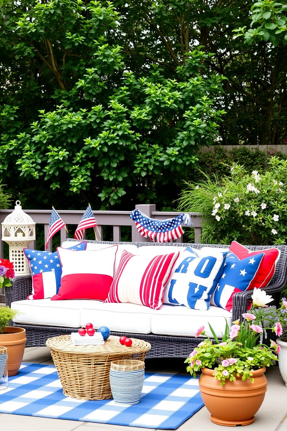 Create a vibrant outdoor seating area adorned with red white and blue cushions that celebrate Independence Day. The cushions are arranged on a stylish patio sofa surrounded by festive decorations and potted plants.