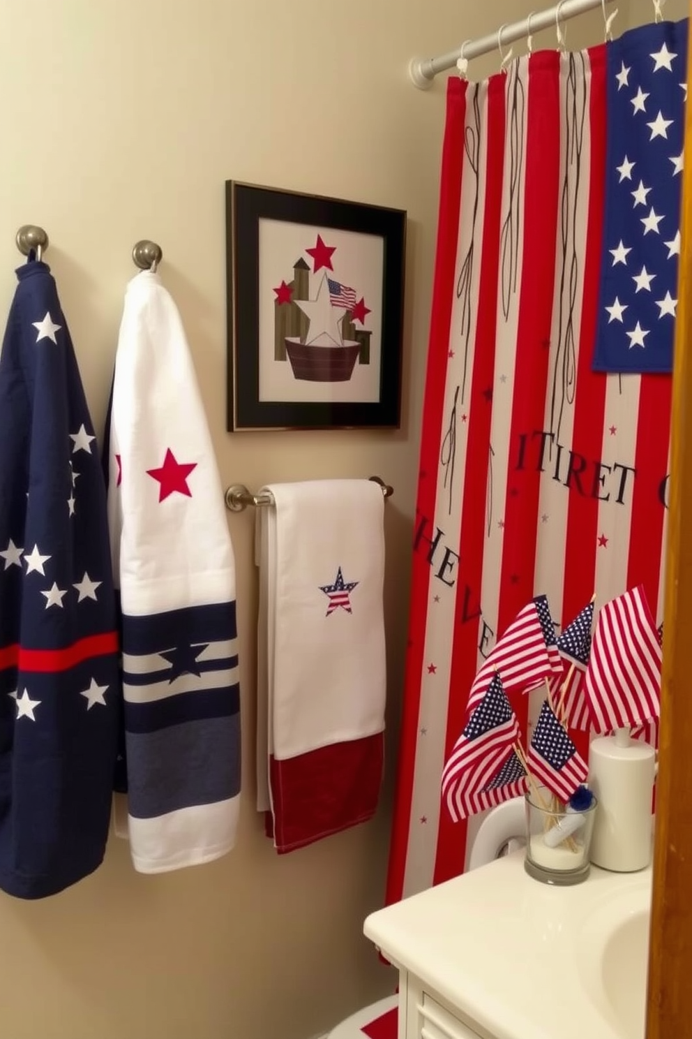 A patriotic themed bathroom features accessories in red white and blue colors. The towels are adorned with stars and stripes while a decorative shower curtain showcases an American flag design. Independence Day apartment decorating ideas include festive accents like themed wall art and table centerpieces. A collection of small flags can be placed on the vanity to enhance the celebratory atmosphere.