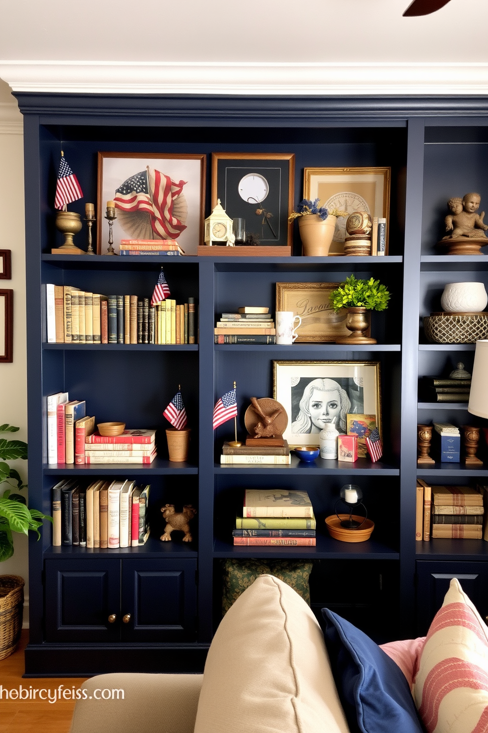 A cozy living room featuring an Americana inspired bookshelf decor. The shelves are filled with vintage books, small American flags, and rustic decor items that evoke a sense of patriotism. The bookshelf is painted in a deep navy blue, complemented by warm wooden accents. On the top shelf, a collection of red, white, and blue decorative items celebrate Independence Day, creating a festive atmosphere in the apartment.