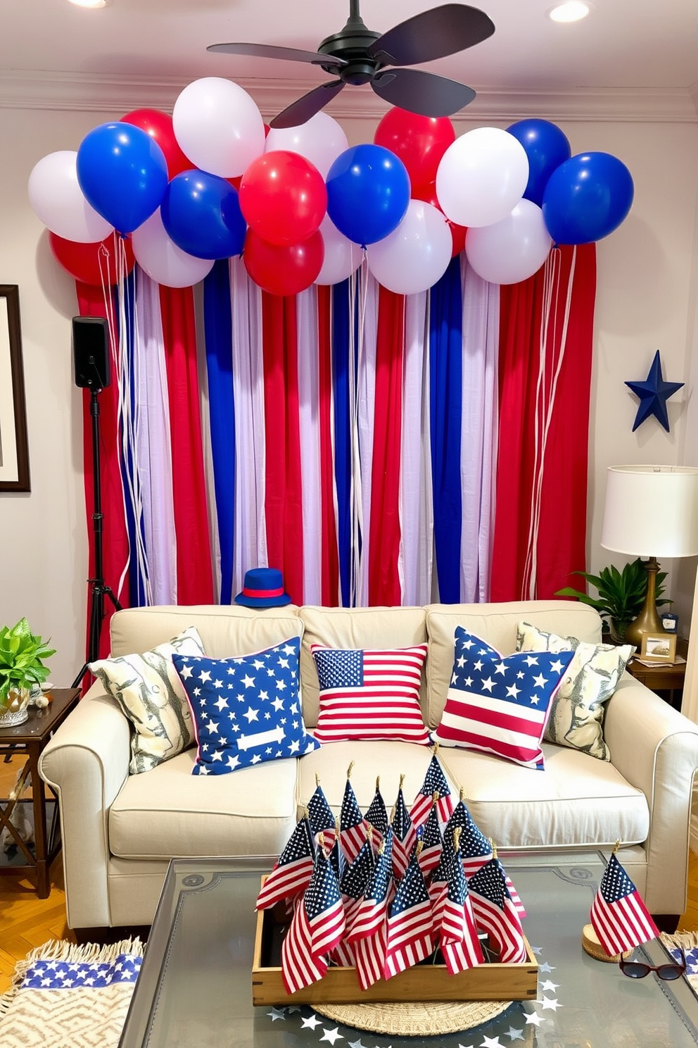 A vibrant Independence Day themed photo booth featuring a backdrop of red white and blue balloons and streamers. There are patriotic props such as hats and sunglasses arranged on a table for guests to use. A cozy apartment decorated for Independence Day with a mix of traditional and modern elements. The living room showcases a festive arrangement of stars and stripes cushions on a neutral sofa along with a table centerpiece made of mini American flags.