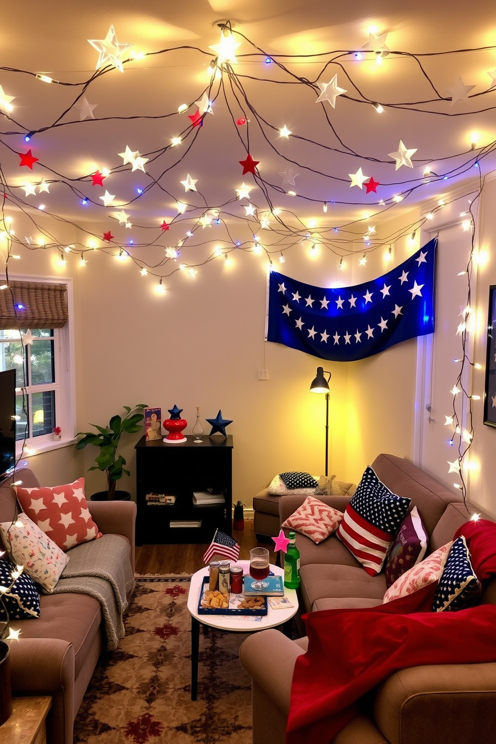 A cozy apartment living room adorned with star shaped fairy lights creating a warm and festive ambiance. The lights are draped across the ceiling and around the windows, complementing the red, white, and blue decor for Independence Day celebrations. In one corner, a small table is set up with themed snacks and drinks, surrounded by comfortable seating. Patriotic cushions and throws add a touch of holiday spirit, while a banner with stars and stripes hangs on the wall.