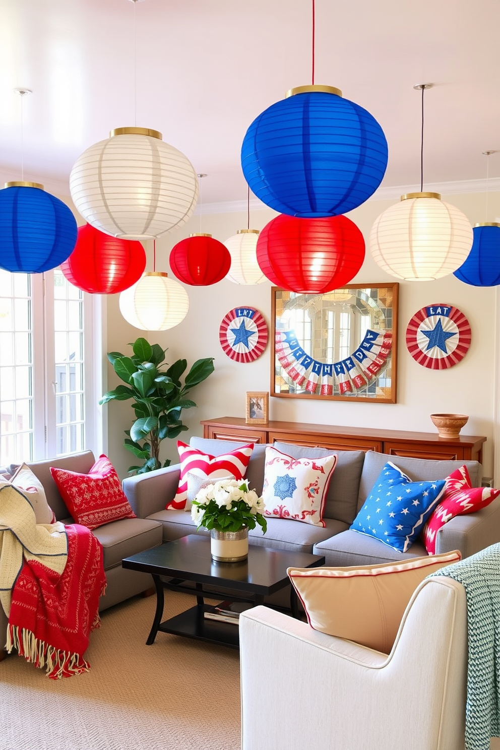 A vibrant living room adorned with DIY paper lanterns in red, white, and blue celebrating Independence Day. The lanterns hang from the ceiling, casting a warm glow over the space, while festive cushions and throws in matching colors add a cozy touch to the seating area.