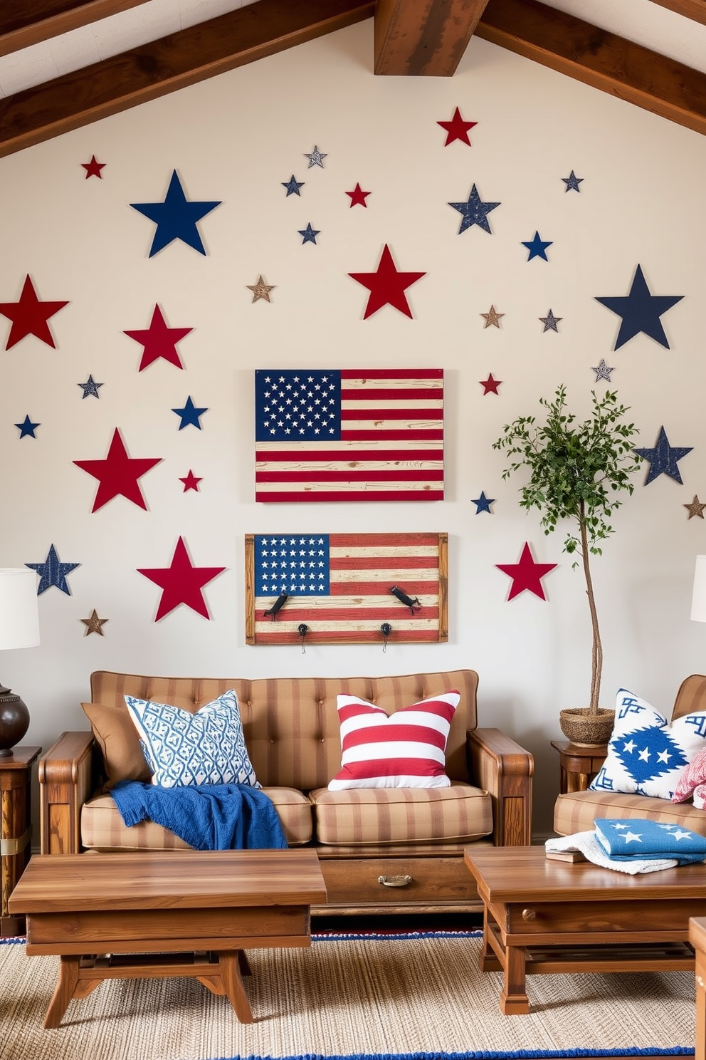 Create a cozy living room featuring Americana inspired wall decals that celebrate Independence Day. The walls are adorned with stars and stripes designs, complemented by rustic wooden furniture and a red, white, and blue color scheme.