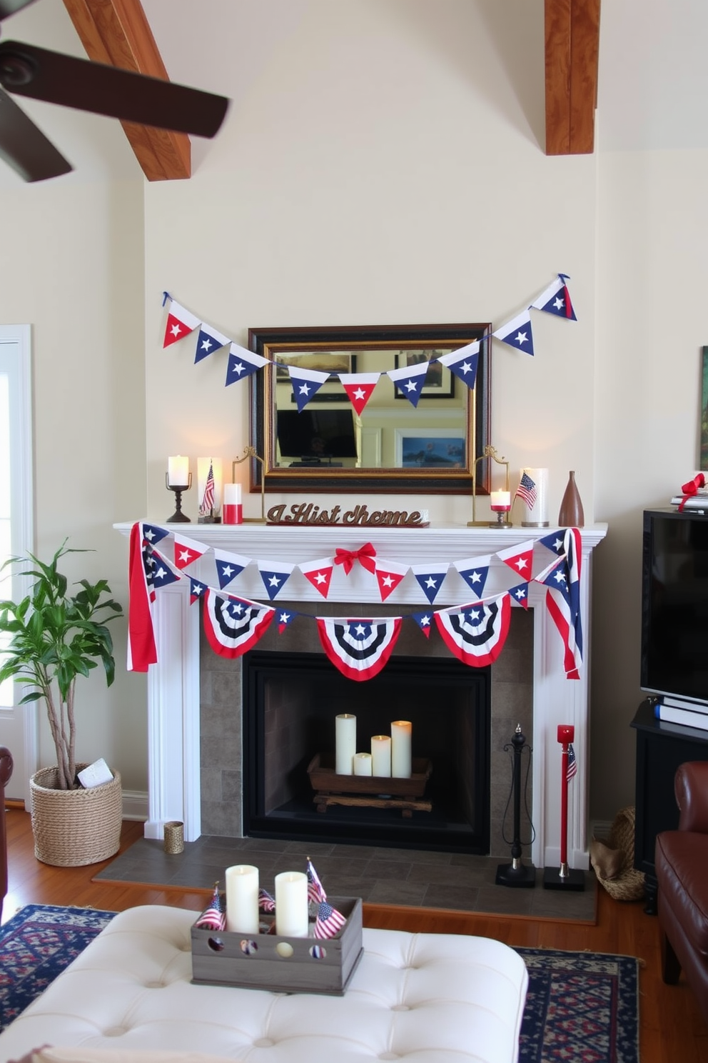 A cozy living room adorned with festive bunting draped across the mantel, celebrating Independence Day. The mantel is decorated with red white and blue accents including small flags and candles to create a patriotic atmosphere.