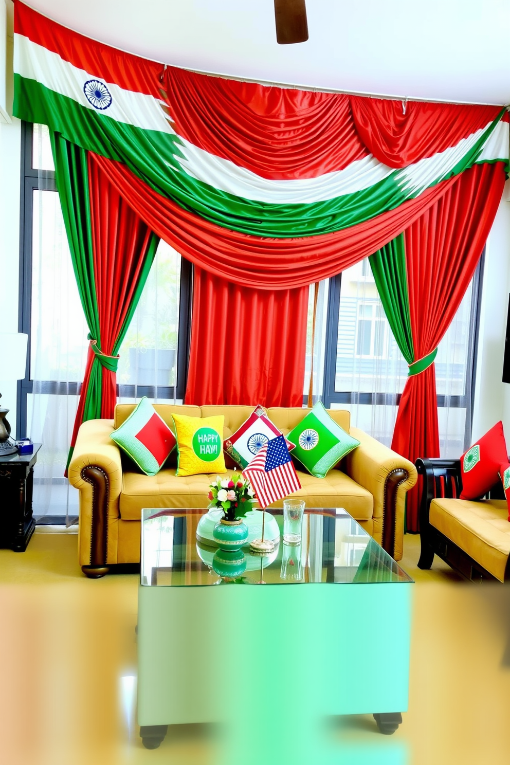 A vibrant living room adorned with tricolor curtains celebrating Independence Day. The curtains elegantly frame large windows, allowing natural light to illuminate the space while adding a festive touch to the decor. The room features a cozy seating arrangement with a plush sofa and decorative cushions in complementary colors. A coffee table sits at the center, adorned with patriotic-themed decor and a small bouquet of fresh flowers.