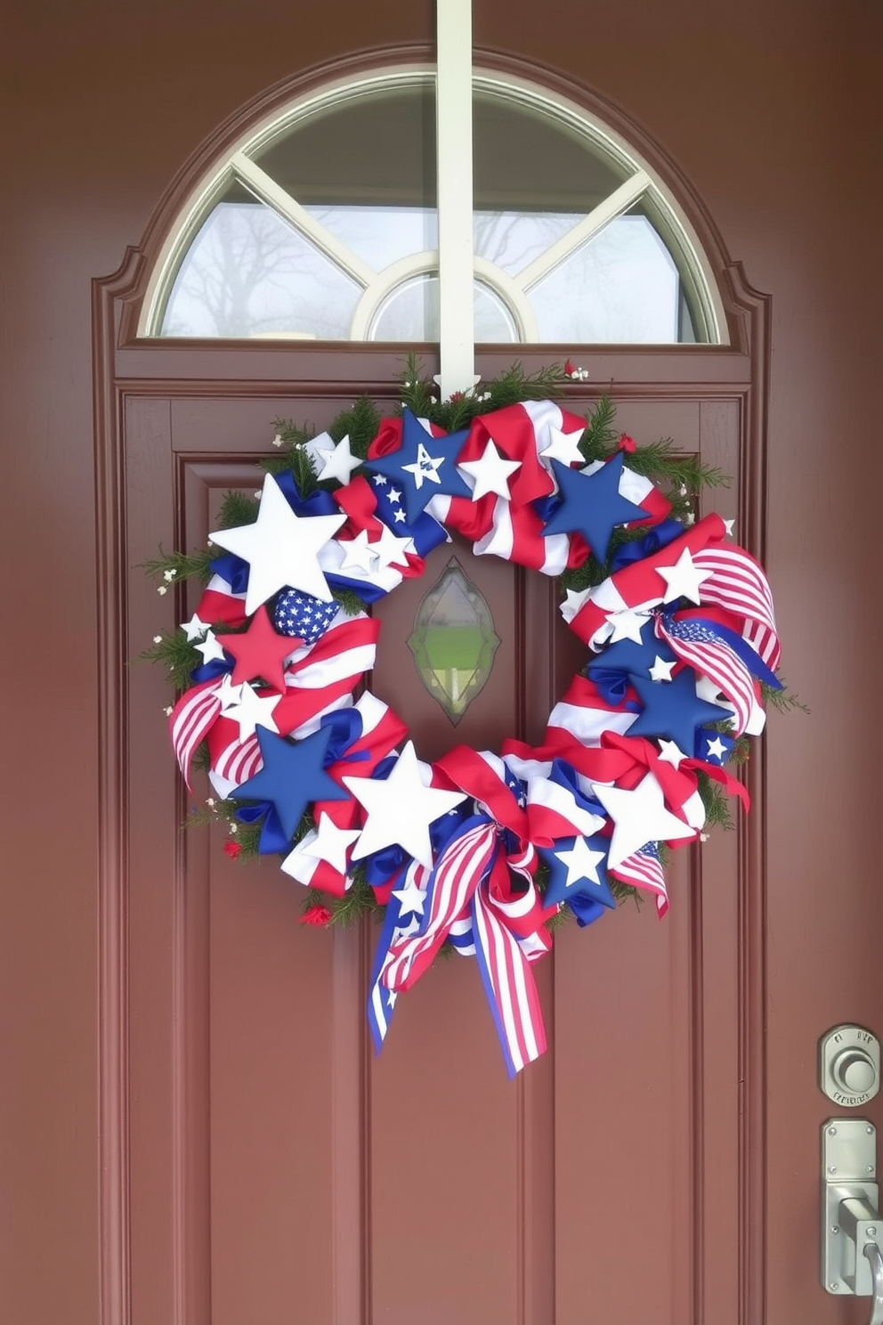 A festive decorative wreath adorned with stars and stripes hangs prominently on the front door. The wreath is complemented by red white and blue accents creating a vibrant welcoming atmosphere for Independence Day celebrations.