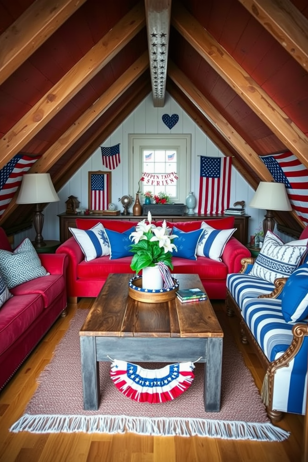 A cozy attic space decorated in a patriotic red white and blue color scheme. The walls are adorned with vintage American flags and the furniture features classic patterns in these colors. A comfortable seating area includes a plush red sofa with blue and white striped throw pillows. A rustic wooden coffee table sits in the center, surrounded by festive decor celebrating Independence Day.