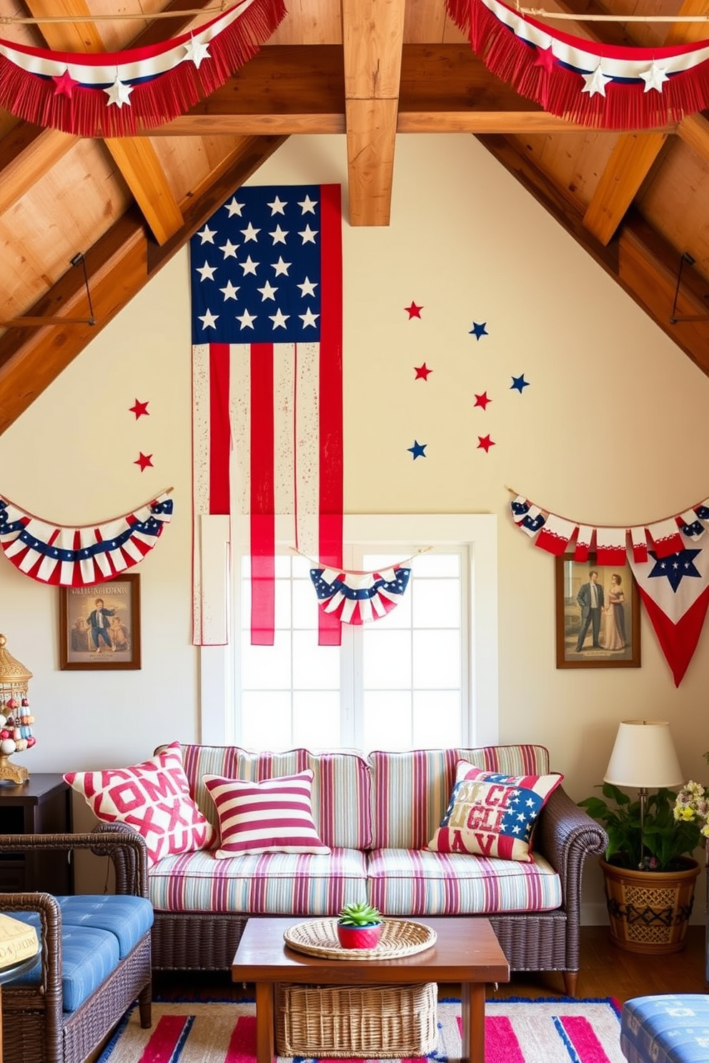 Creative wall decals for Independence Day. The design features vibrant red, white, and blue colors with stars and stripes, creating a festive atmosphere. Independence Day Attic Decorating Ideas. The attic is transformed with patriotic-themed decorations such as bunting, vintage flags, and cozy seating for family gatherings.