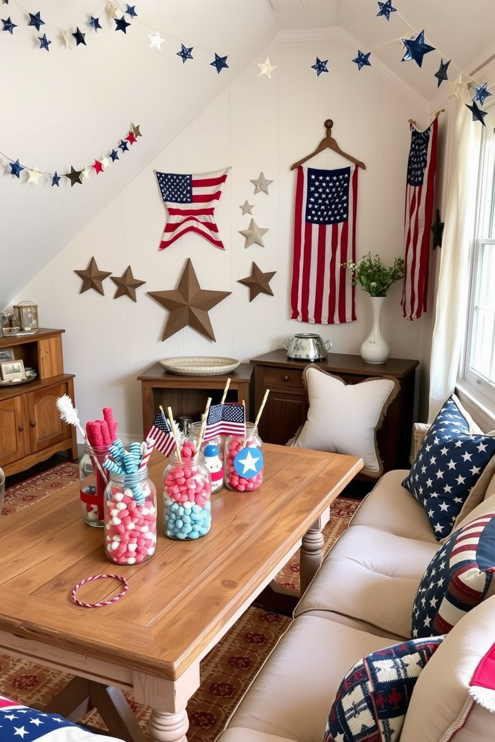 A cozy attic space decorated for Independence Day. Decorative jars filled with red, white, and blue treats are arranged on a rustic wooden table, creating a festive atmosphere. The walls are adorned with vintage American flags and star-themed garlands. Soft, comfortable seating with patriotic throw pillows invites guests to relax and enjoy the celebration.