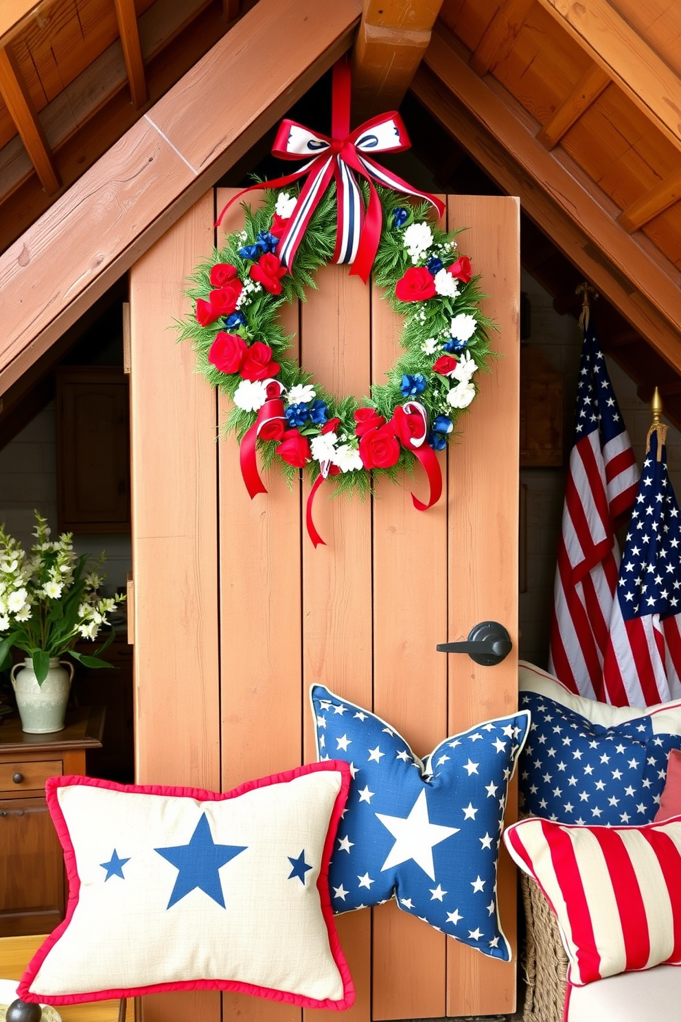 A patriotic wreath adorns the attic door, celebrating Independence Day with vibrant red, white, and blue colors. The wreath is made of fresh flowers and ribbons, adding a festive touch to the rustic wooden door. Inside the attic, cozy seating is arranged with throw pillows featuring stars and stripes patterns. Vintage American flags are displayed alongside decorative elements, creating a warm and inviting atmosphere for holiday gatherings.