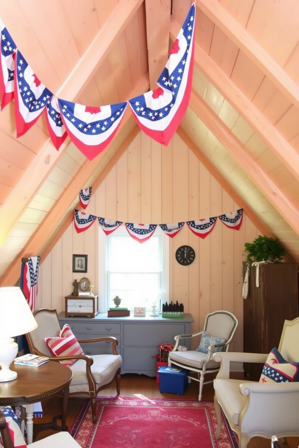 A cozy attic space decorated for Independence Day. American flag bunting is draped along the wooden beams, creating a festive atmosphere. Soft lighting illuminates the area, highlighting vintage furniture pieces. A red, white, and blue color scheme brings warmth and celebration to the room.