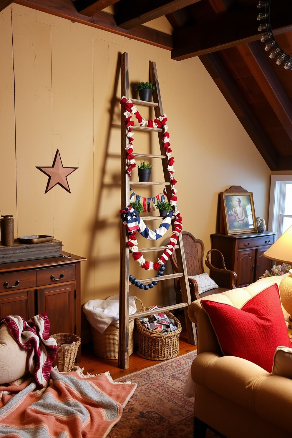 A rustic ladder display stands against the wall, adorned with red white and blue decorations for Independence Day. The ladder is made of weathered wood and features small potted plants and patriotic-themed garlands draped across its rungs. The attic is transformed into a cozy gathering space with vintage furniture and warm lighting. Soft blankets and cushions are scattered around, creating an inviting atmosphere for celebrating the holiday with family and friends.