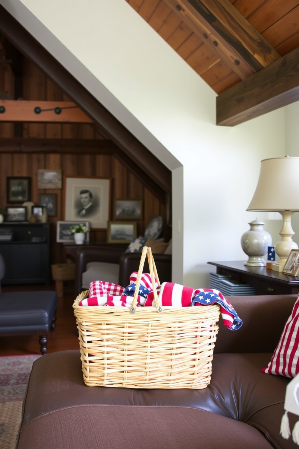 A vintage picnic basket is placed prominently in the living room, adding a charming touch to the decor. The basket is filled with red, white, and blue blankets, evoking the spirit of Independence Day. In the attic, rustic wooden beams create a cozy atmosphere, while the picnic basket serves as a focal point. Surrounding it are vintage-inspired decorations, such as old photographs and patriotic-themed accents.