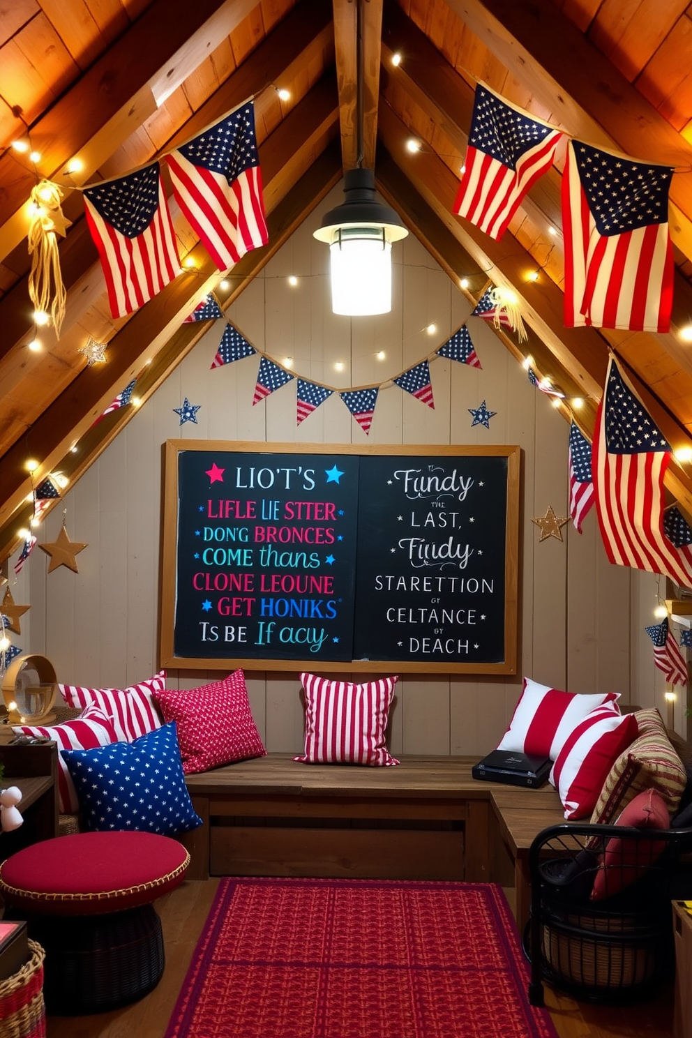 A charming attic space decorated for Independence Day features a large chalkboard sign displaying festive quotes in vibrant red, white, and blue lettering. The walls are adorned with stars and stripes, and vintage American flags are draped from the beams, creating a patriotic atmosphere. The attic is filled with cozy seating options, including a rustic wooden bench and colorful cushions. Twinkling fairy lights illuminate the space, enhancing the festive decor and inviting guests to celebrate the holiday.