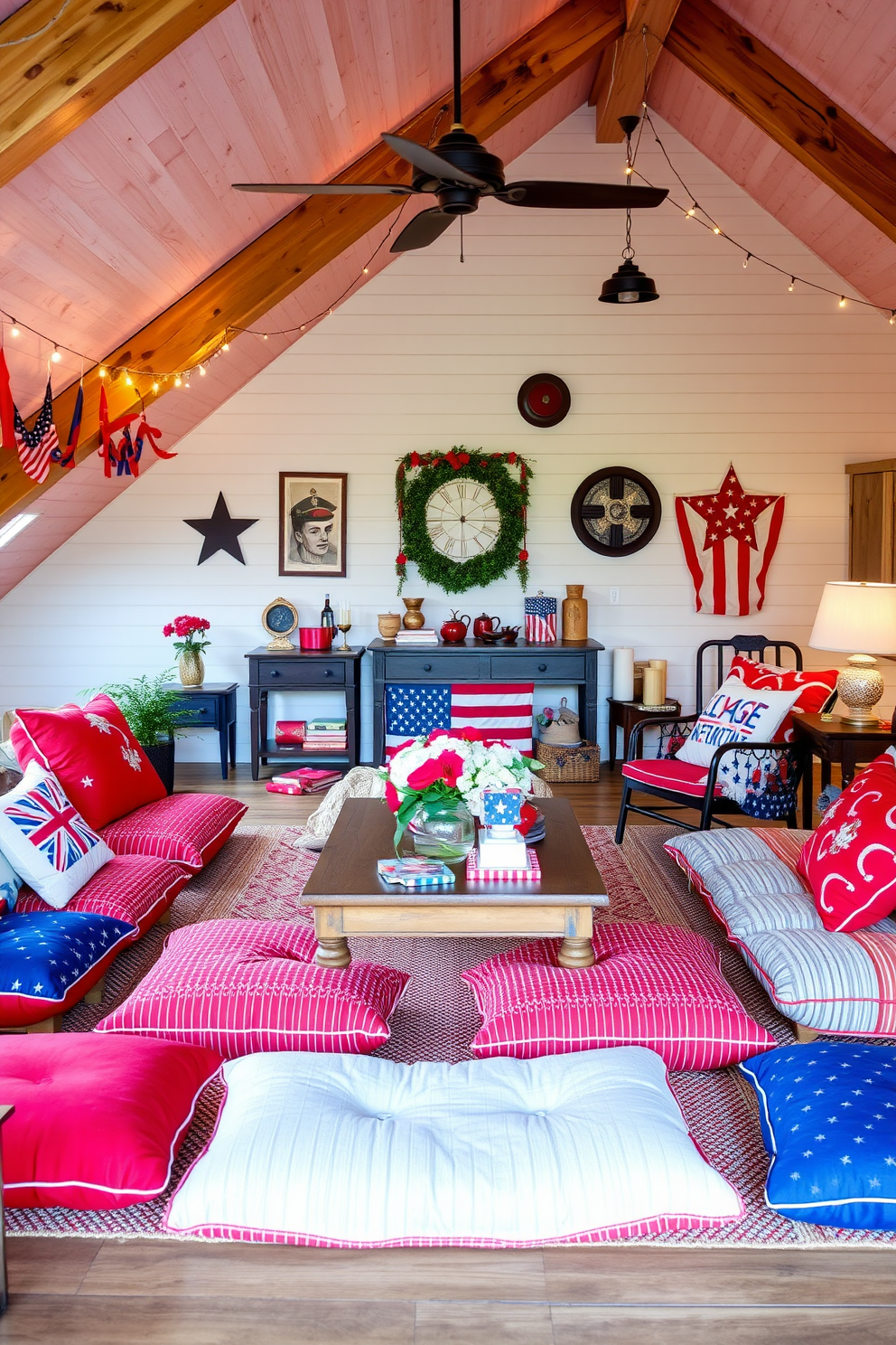 Cushioned floor seating for casual gatherings. A cozy arrangement of plush floor cushions in vibrant red, white, and blue hues, surrounded by a low coffee table adorned with festive decorations. Independence Day Attic Decorating Ideas. The attic features a patriotic theme with string lights, vintage Americana decor, and comfortable seating areas for family and friends to celebrate together.