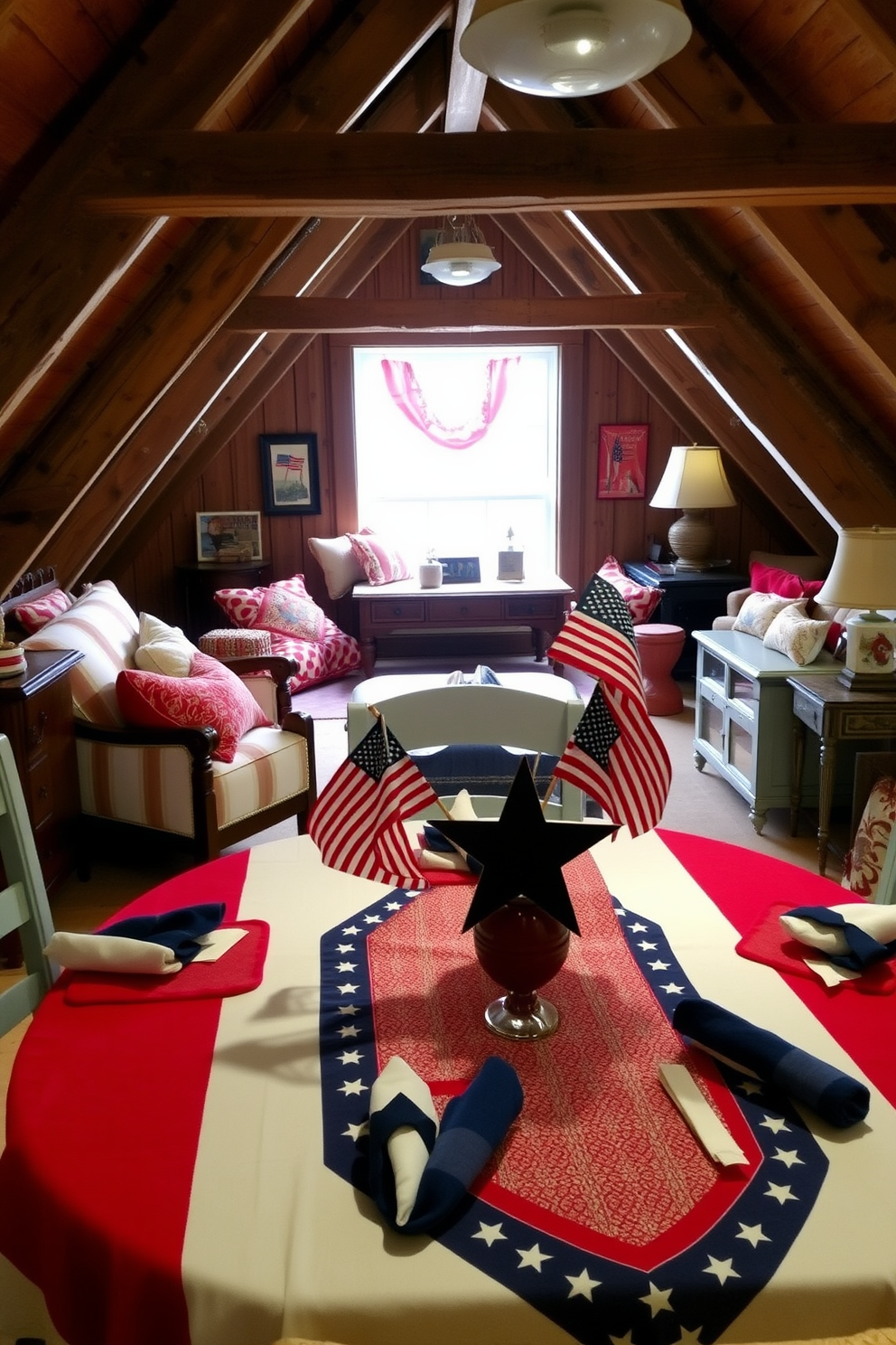 A festive table setting for Independence Day featuring red white and blue tablecloths and napkins. The table is adorned with star shaped centerpieces and small American flags placed in decorative holders. A cozy attic space transformed into a charming retreat with rustic wooden beams and soft lighting. The decor includes vintage furniture pieces and colorful throw pillows that create a warm and inviting atmosphere.