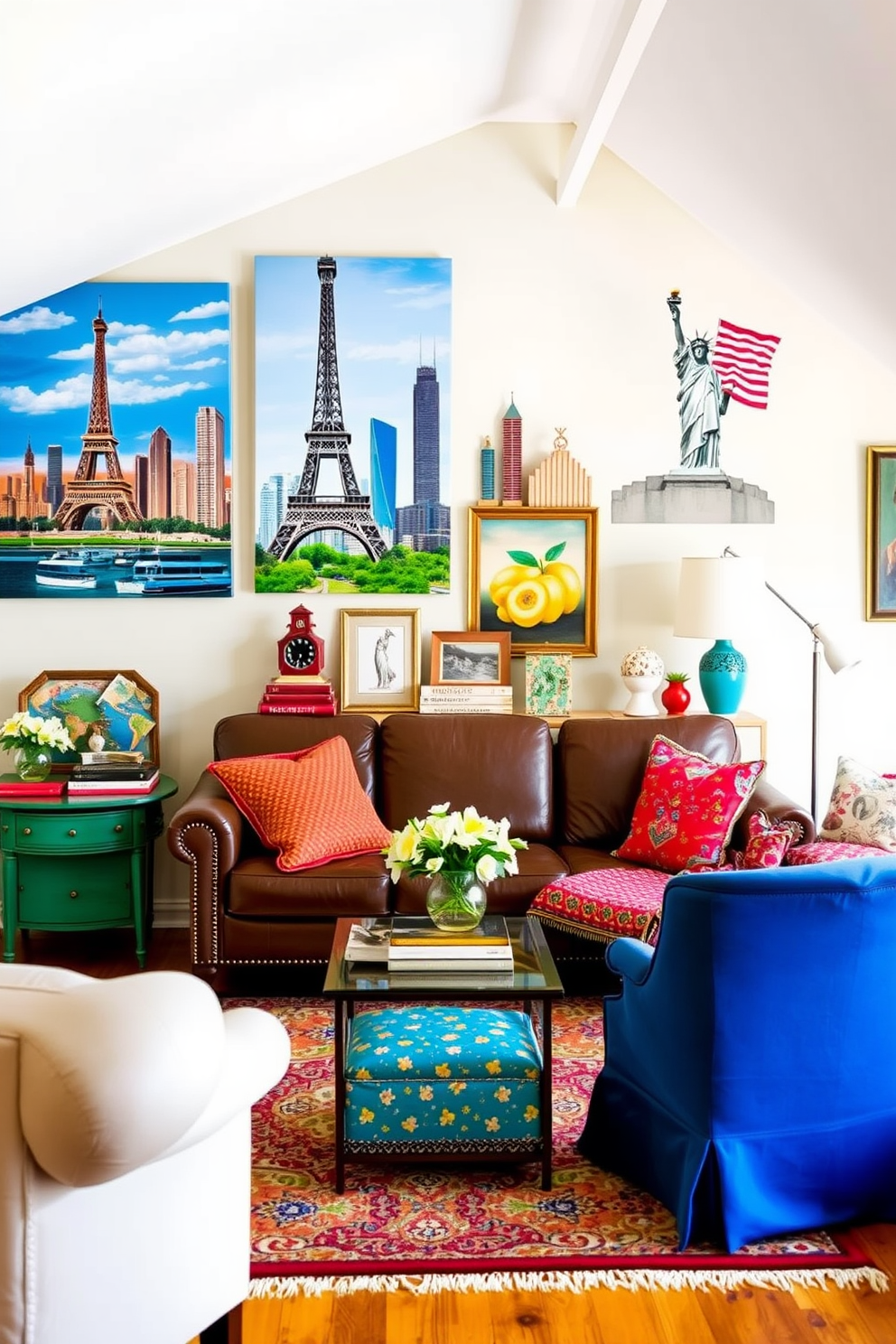 A vibrant living room showcasing themed artwork that features iconic landmarks from around the world. The walls are adorned with large canvas prints of famous sites like the Eiffel Tower and the Statue of Liberty, creating a festive atmosphere for Independence Day. A cozy attic space transformed into a charming retreat with unique decorating ideas. Soft lighting illuminates the room, highlighting vintage furniture and colorful textiles that reflect a warm and inviting ambiance.