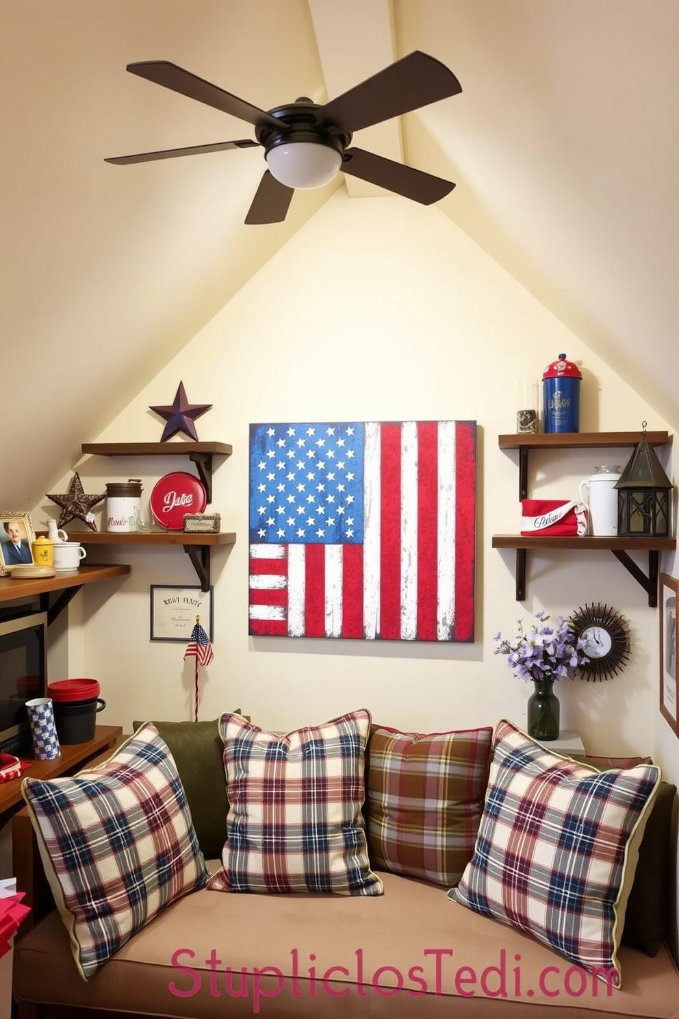 A charming attic space decorated for Independence Day features a large vintage American flag art piece as the focal point. Surrounding the flag, rustic wooden shelves display various red white and blue decorations and memorabilia that evoke a sense of nostalgia. The walls are painted in a soft cream color, creating a warm backdrop for the vibrant decor. Cozy seating with plaid cushions invites relaxation while celebrating the spirit of the holiday.