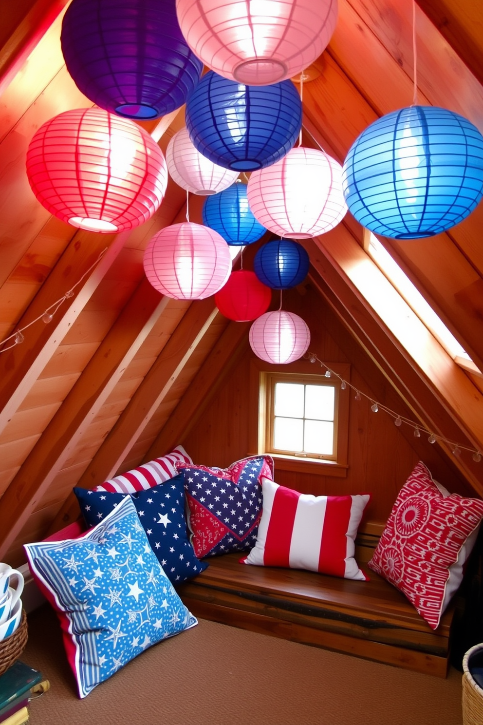 A cozy attic space adorned with hanging paper lanterns in red white and blue creates a festive atmosphere for Independence Day. The lanterns sway gently from the exposed beams while colorful throw pillows and a rustic wooden bench invite relaxation.