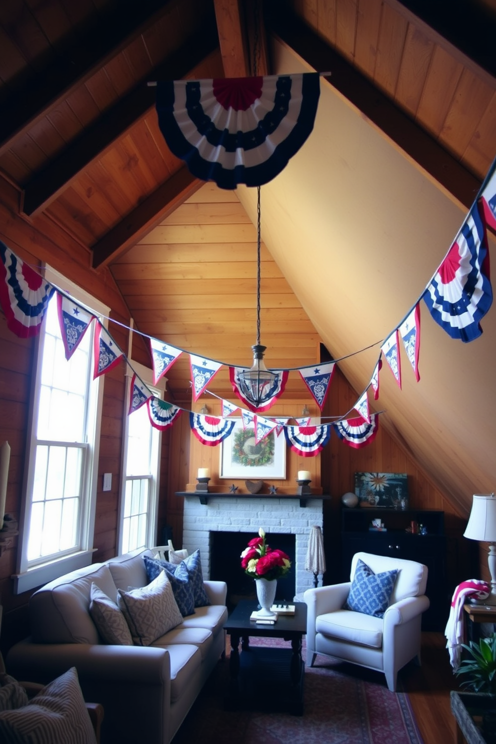 A cozy attic space adorned with festive banners celebrating Independence Day. The room features rustic wooden beams and a warm color palette, creating a welcoming atmosphere for holiday gatherings.