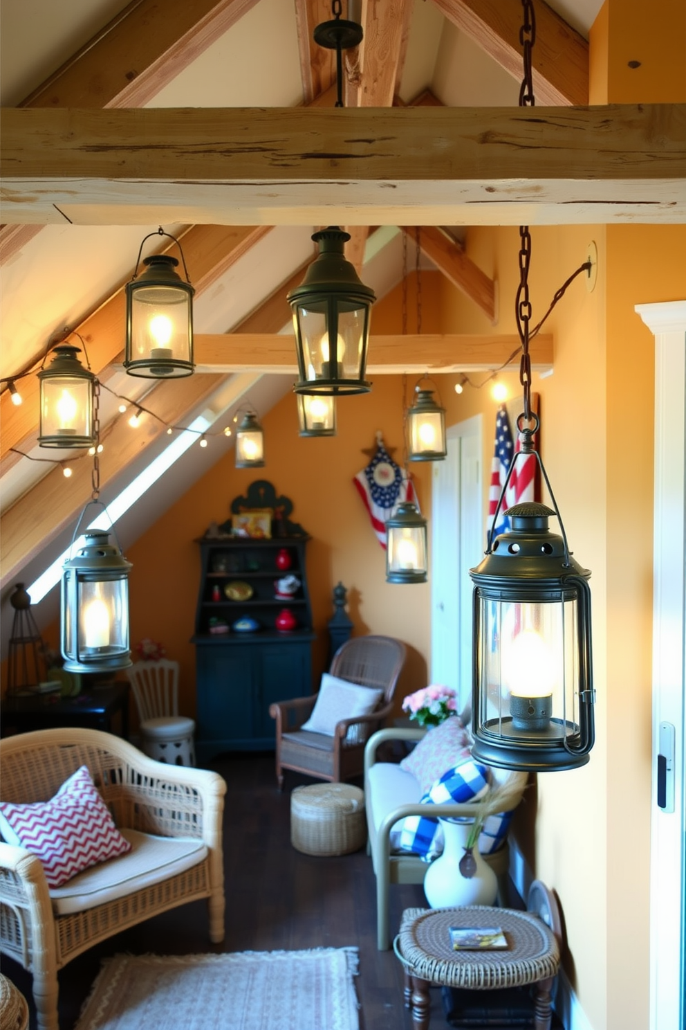 A cozy attic space adorned with old-fashioned lanterns creates a rustic charm perfect for Independence Day celebrations. The lanterns are hung from exposed beams, casting a warm glow over vintage furniture and patriotic decorations. The walls are painted in soft, warm tones, complementing the rustic wooden floors. A comfortable seating area with woven textiles invites relaxation while celebrating the spirit of the holiday.