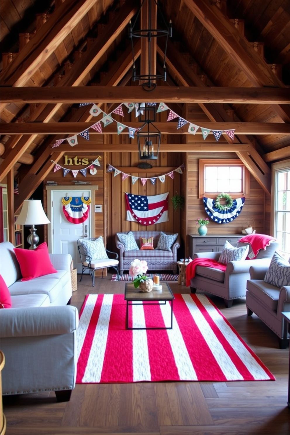 A cozy patriotic themed area rug featuring red white and blue stripes is placed in the center of the living room. Surrounding the rug are comfortable seating options adorned with cushions that echo the patriotic colors. In the attic, rustic wooden beams create a charming backdrop for a festive Independence Day display. The space is decorated with bunting and vintage flags, while a small seating nook invites relaxation and celebration.