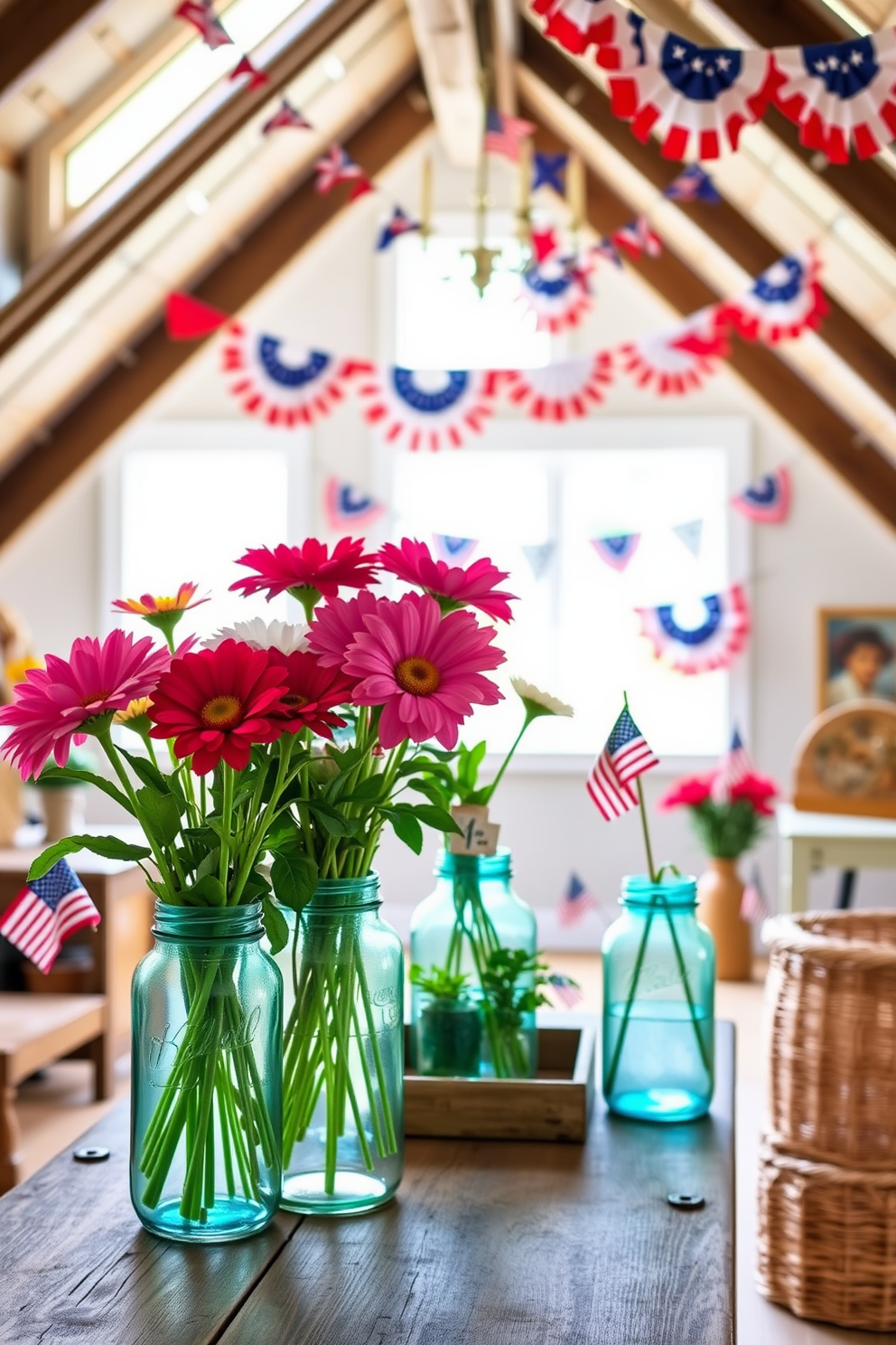 Brightly colored flowers in mason jars create a vibrant and cheerful atmosphere. The jars are placed on a rustic wooden table, surrounded by soft, natural light filtering through the attic windows. Independence Day decorations fill the space with a sense of patriotism. Red, white, and blue bunting hangs from the rafters, while small American flags are scattered throughout the room, adding festive charm. Attic decorating ideas focus on maximizing space while maintaining a cozy feel. Vintage furniture pieces and woven baskets are incorporated to enhance the character of the room, creating a unique and inviting retreat.